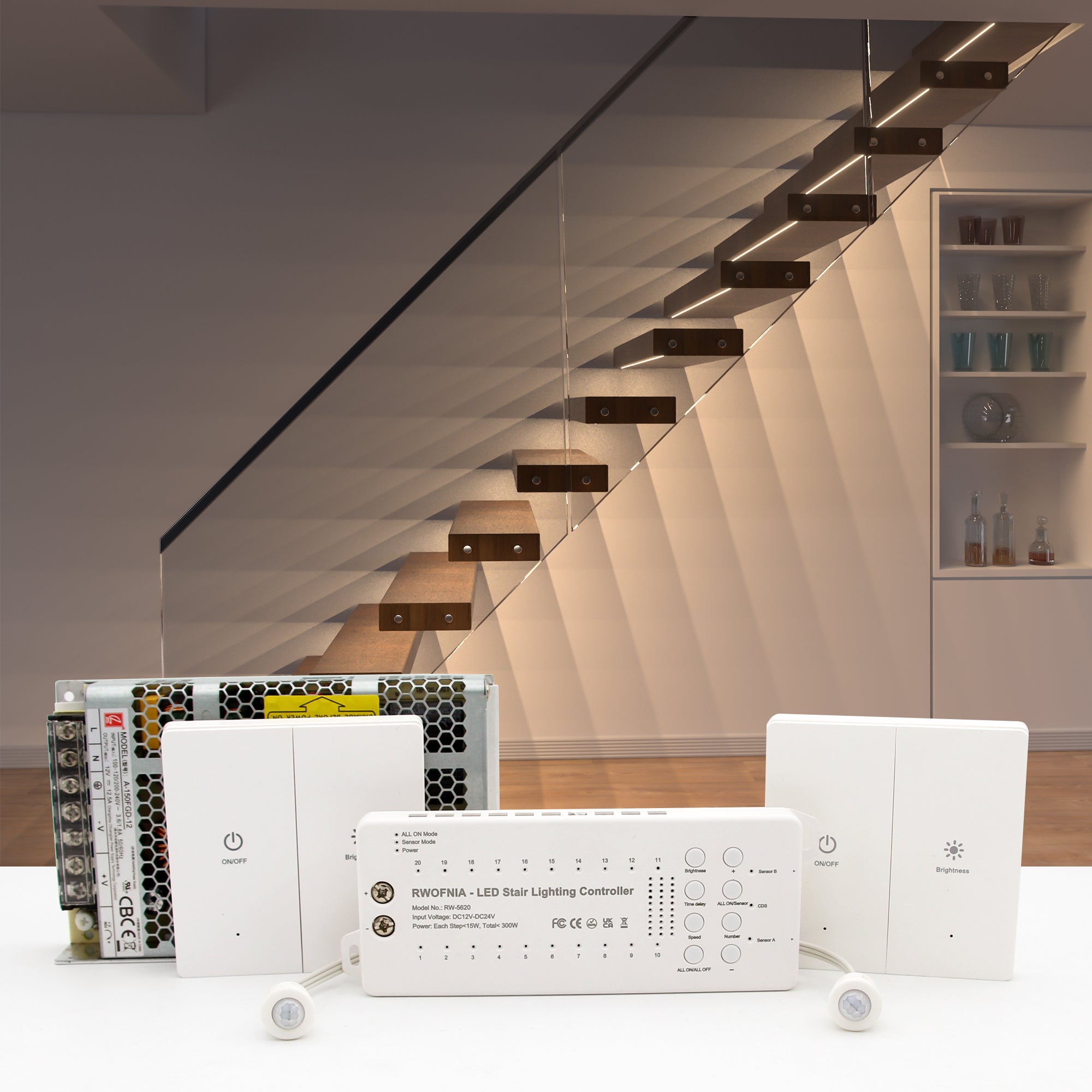 RWOFNIA Intelligent Motion Sensor LED Stair Lighting Kit RW-5620, 40 Inch Long Cuttable LED Light for Indoor LED Step Lights LED Stair Lights