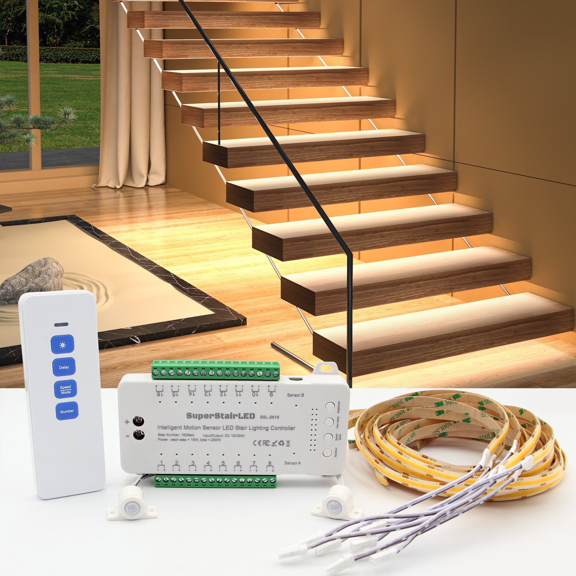 SuperStairLED Intelligent Motion Sensor LED Stair Lighting Complete Set SSL-5616, 40 Inches Long Cuttable LED Strip Light for Indoor LED Stair Lights LED Step Lights